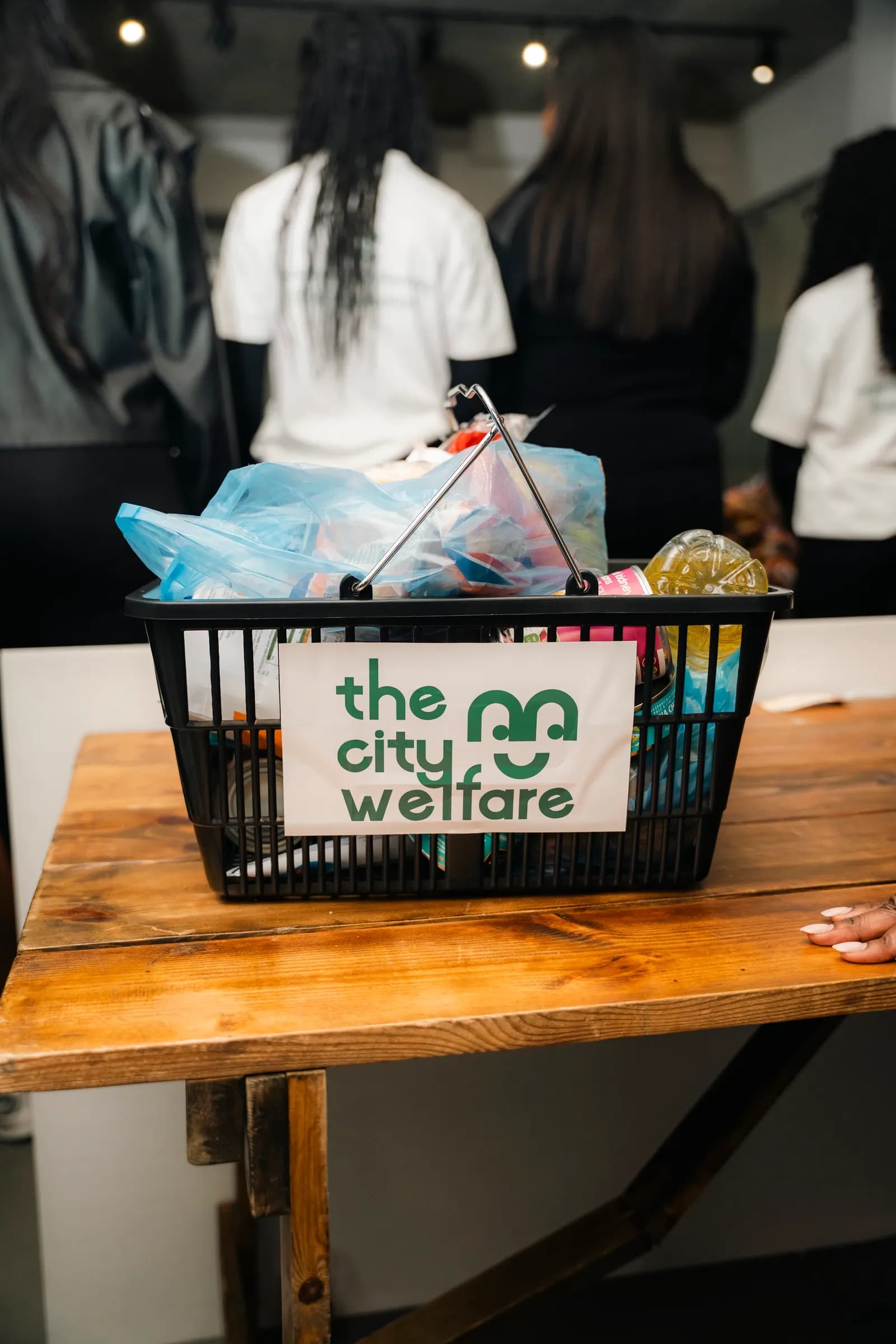A basket of groceries bearing the City Welfare label, the charity that distributed food at the free supermarket in Wandsworth, 18 October 2026.